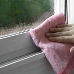 Woman's hand wiping condensate from window glass.