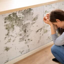 Woman frustrated at mold on the wall.